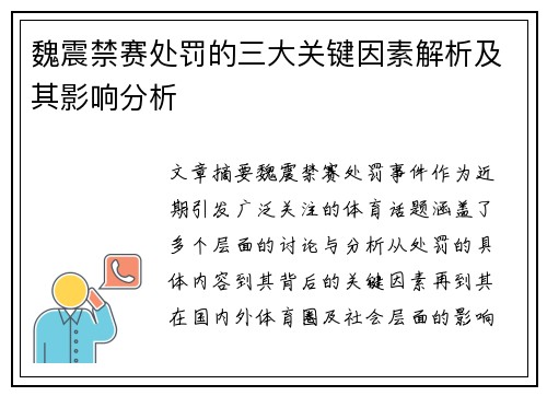 魏震禁赛处罚的三大关键因素解析及其影响分析