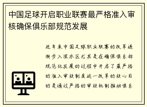 中国足球开启职业联赛最严格准入审核确保俱乐部规范发展